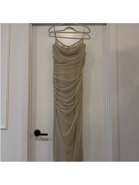 House of CB Draped Beige Mesh Maxi Dress Nalini Sand